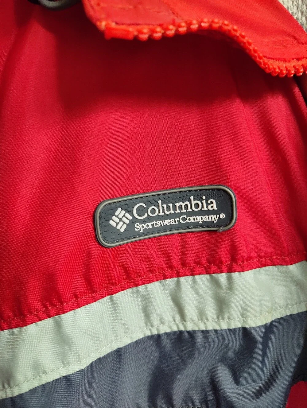 Columbia Red Hooded Windbreaker with Navy and Gray Stripes